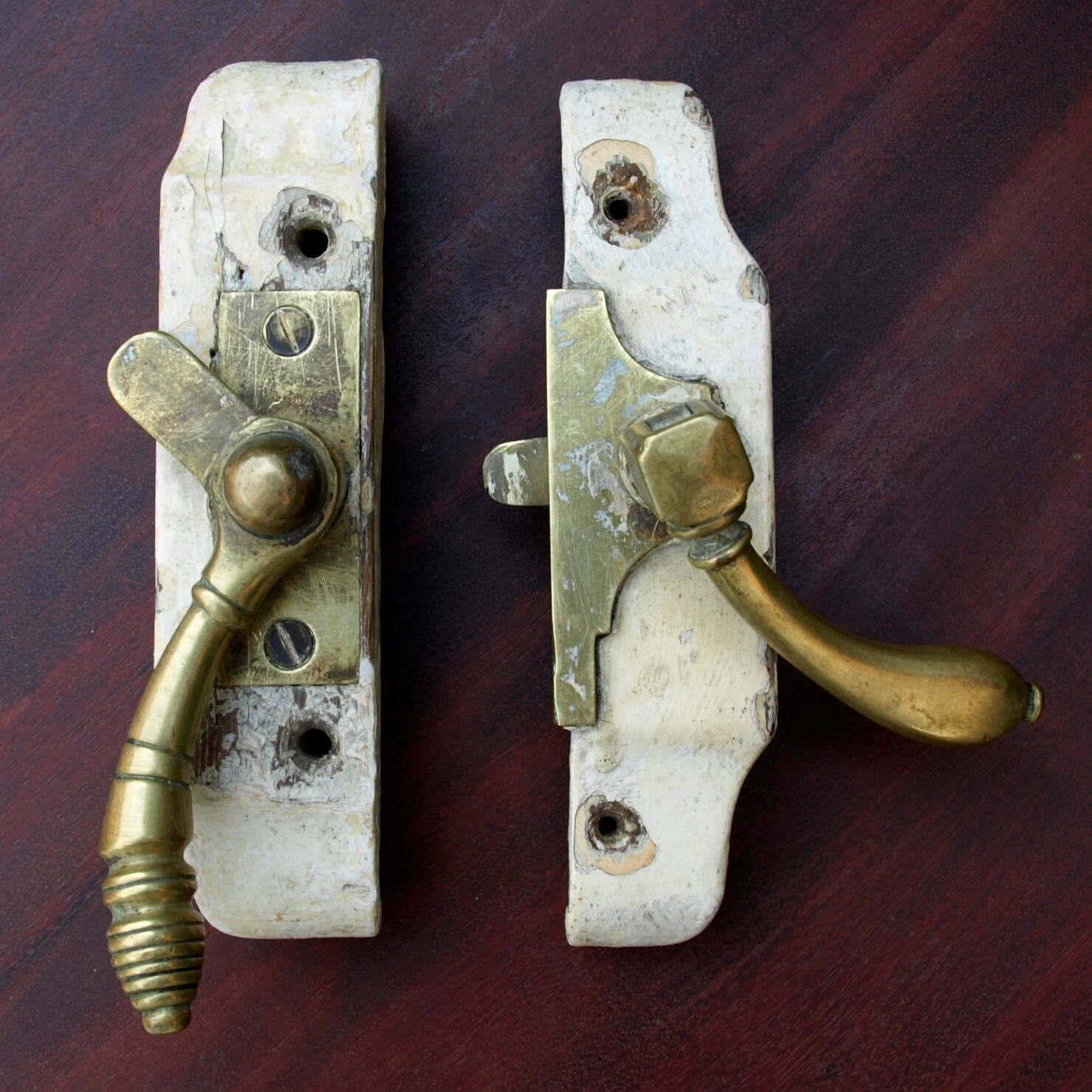 Two Antique Solid Brass Door or Cupboard Lever Handles Latches