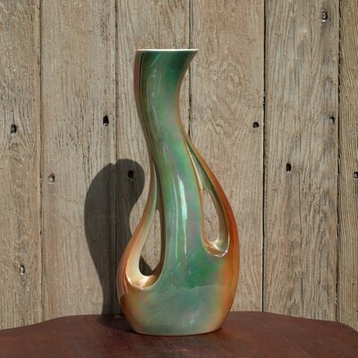 Large Free-Form Vintage Green Pearlescent Ceramic Vase