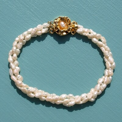 Vintage Ladies Large Size Freshwater Pearl & Gold Wash Solid Silver Bracelet