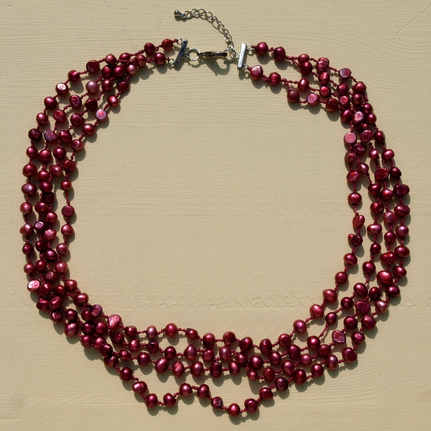 Ladies Four Strand Raspberry Red Pearl Necklace