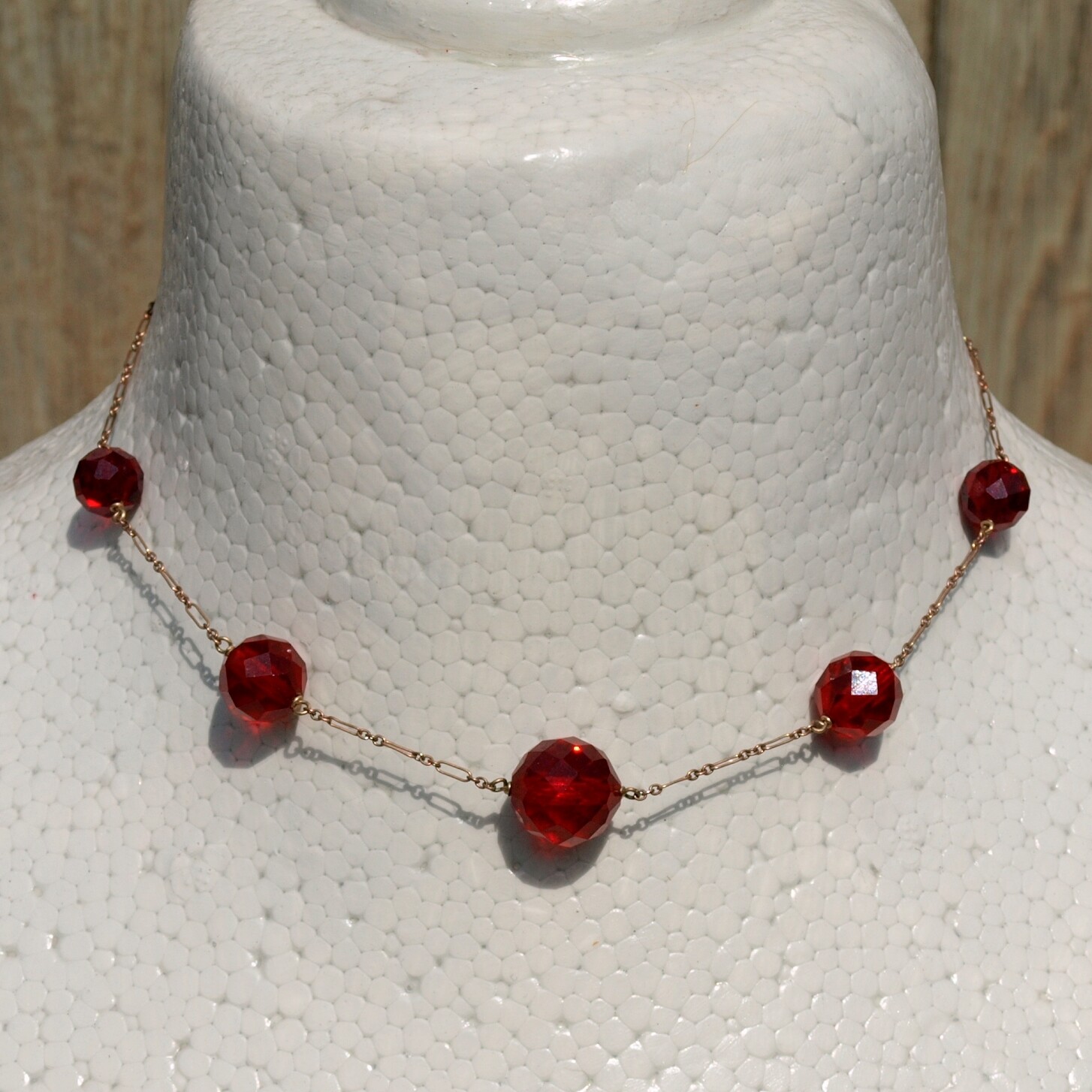 Antique Goldtone Chain & Handmade Faceted Red Glass Globular Bead Choker