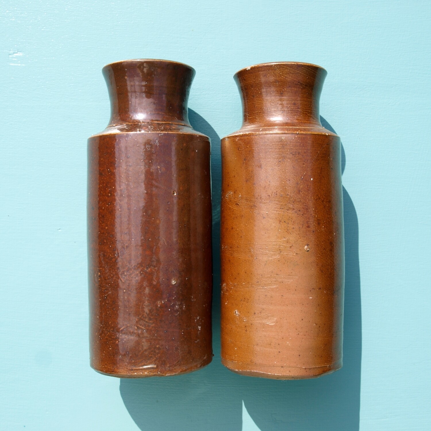 Antique Pair of 19cm Tall Brown Salt Glazed Stoneware Pots