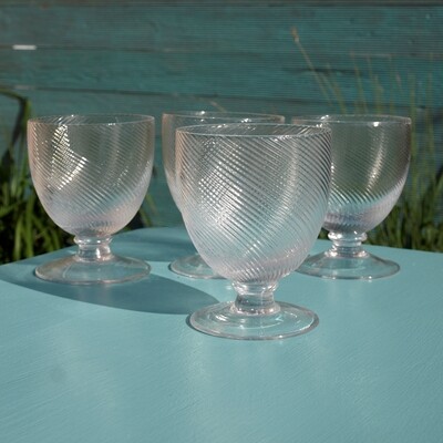Set of Four Hand Blown Clear Twisted Glass Whiskey or Port Goblets