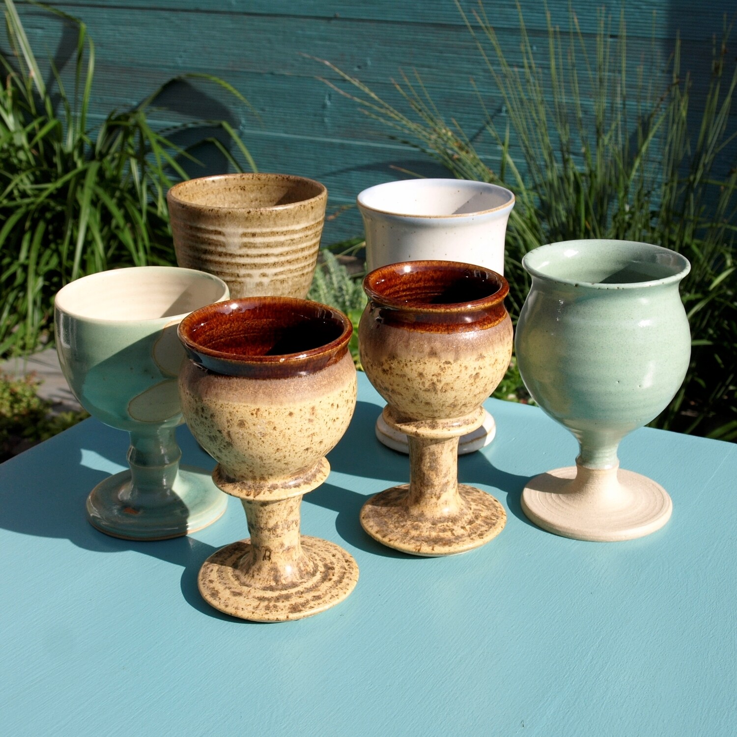 Six Mixed Vintage English Studio Pottery Wine Chalices or Goblets