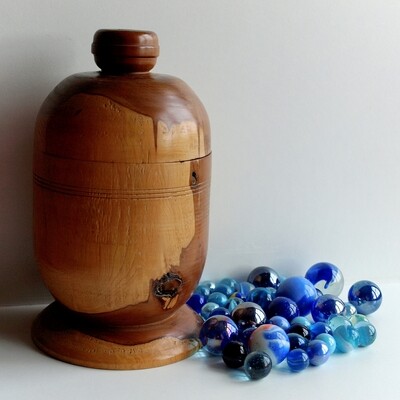 Vintage Lot of Blue Glass Marbles With Vintage Hand Turned Wooden Urn