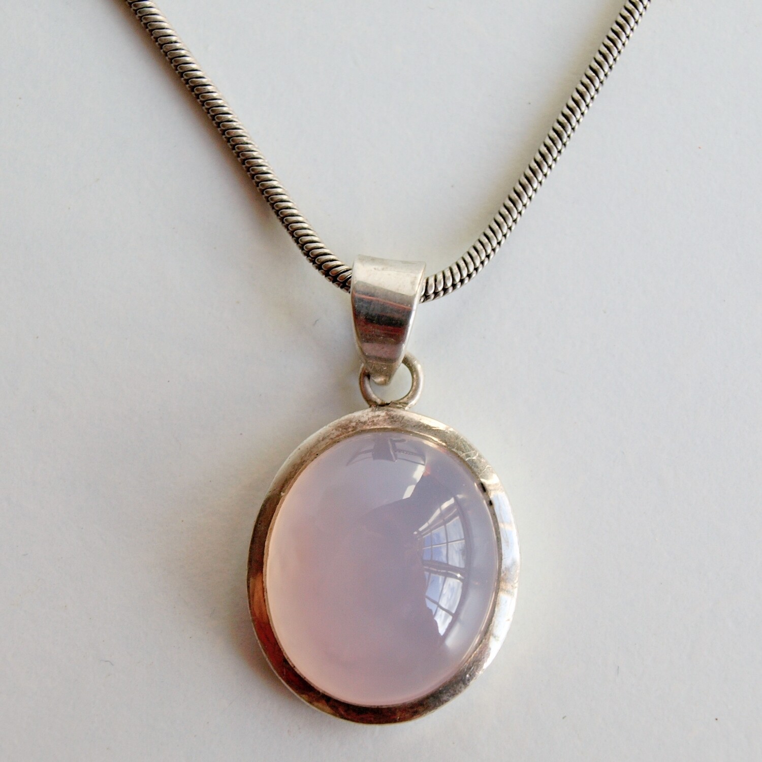 Ladies Solid Silver Snake Chain Necklace + Pink Gemstone Pendant