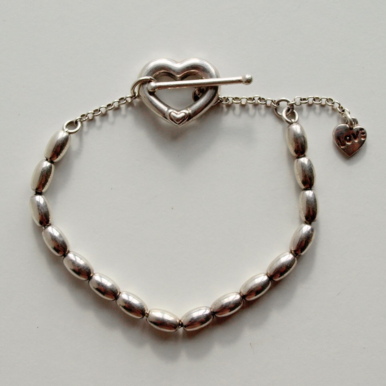 Ladies Solid Silver Love Heart Romantic Toggle Bracelet