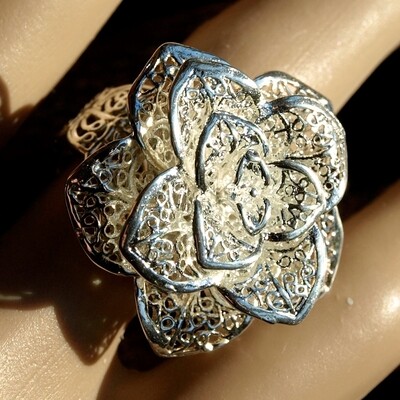 Ladies Adjustable Solid Silver Filigree Flower Ring