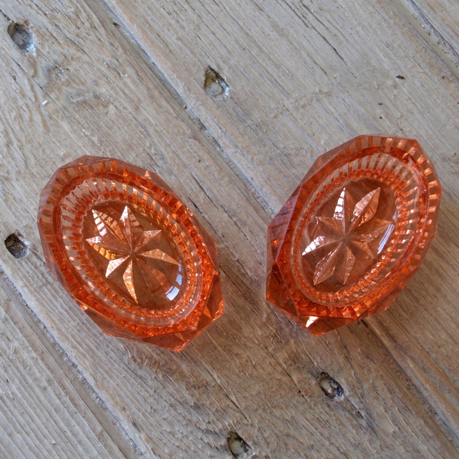 Antique Pair of Peach Glass Faceted Salts