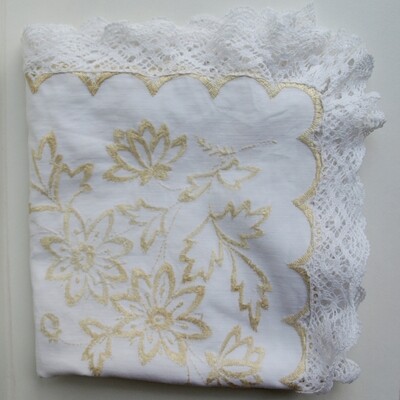 Handmade Vintage White Cotton Embroidered Crocheted Square Tablecloth