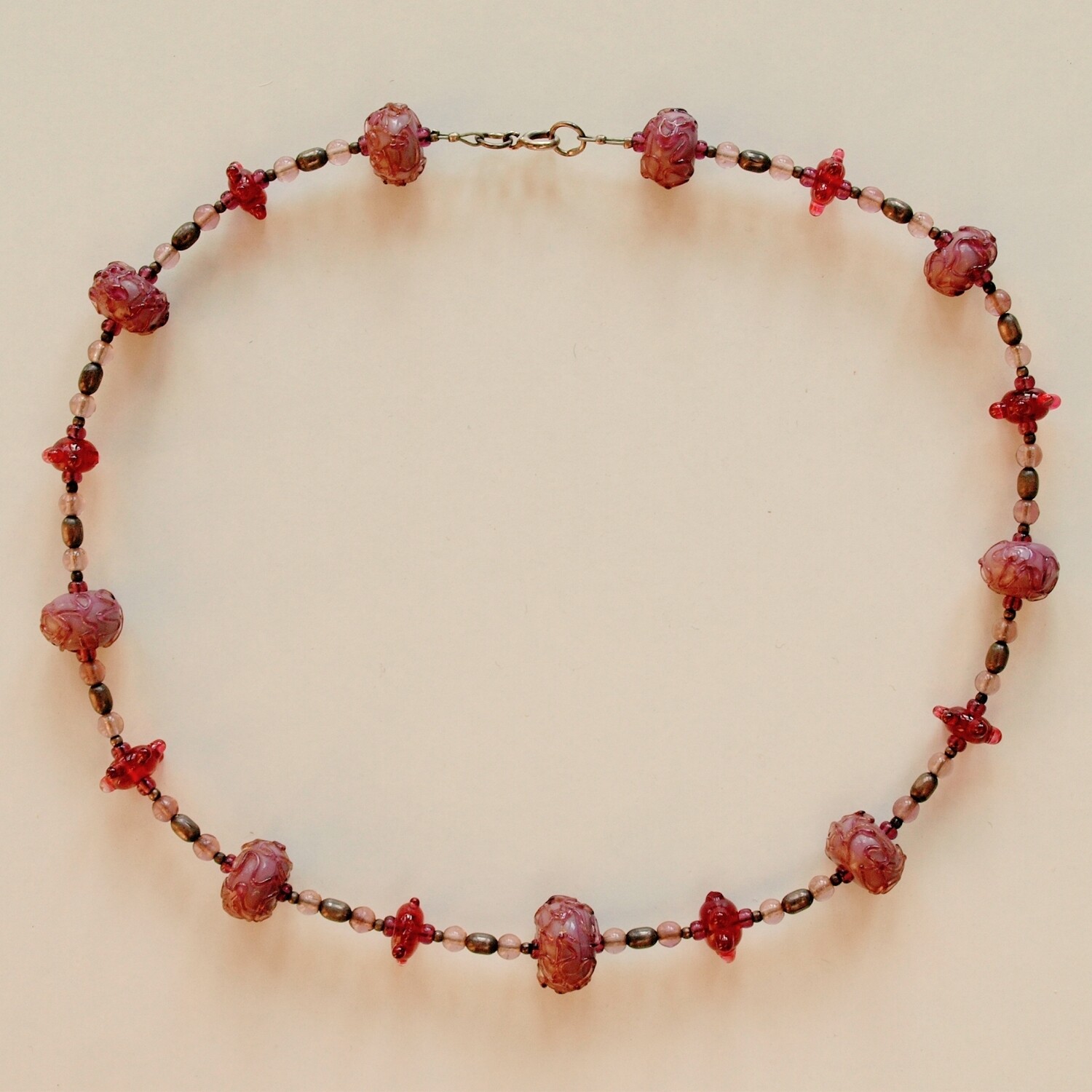 Ladies Vintage Solid Silver & Mauve & Red Glass Lampwork Bead Necklace