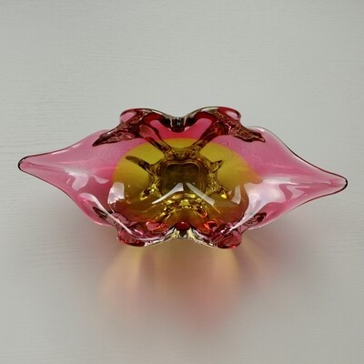 Chribska Czech Pink & Yellow Art Glass Ornamental Bowl by Josef Hospodka