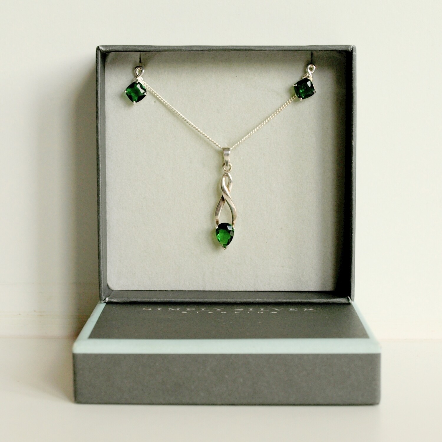 Simple Silver Set of Solid Silver Necklace & Stud Earrings + Green CZ