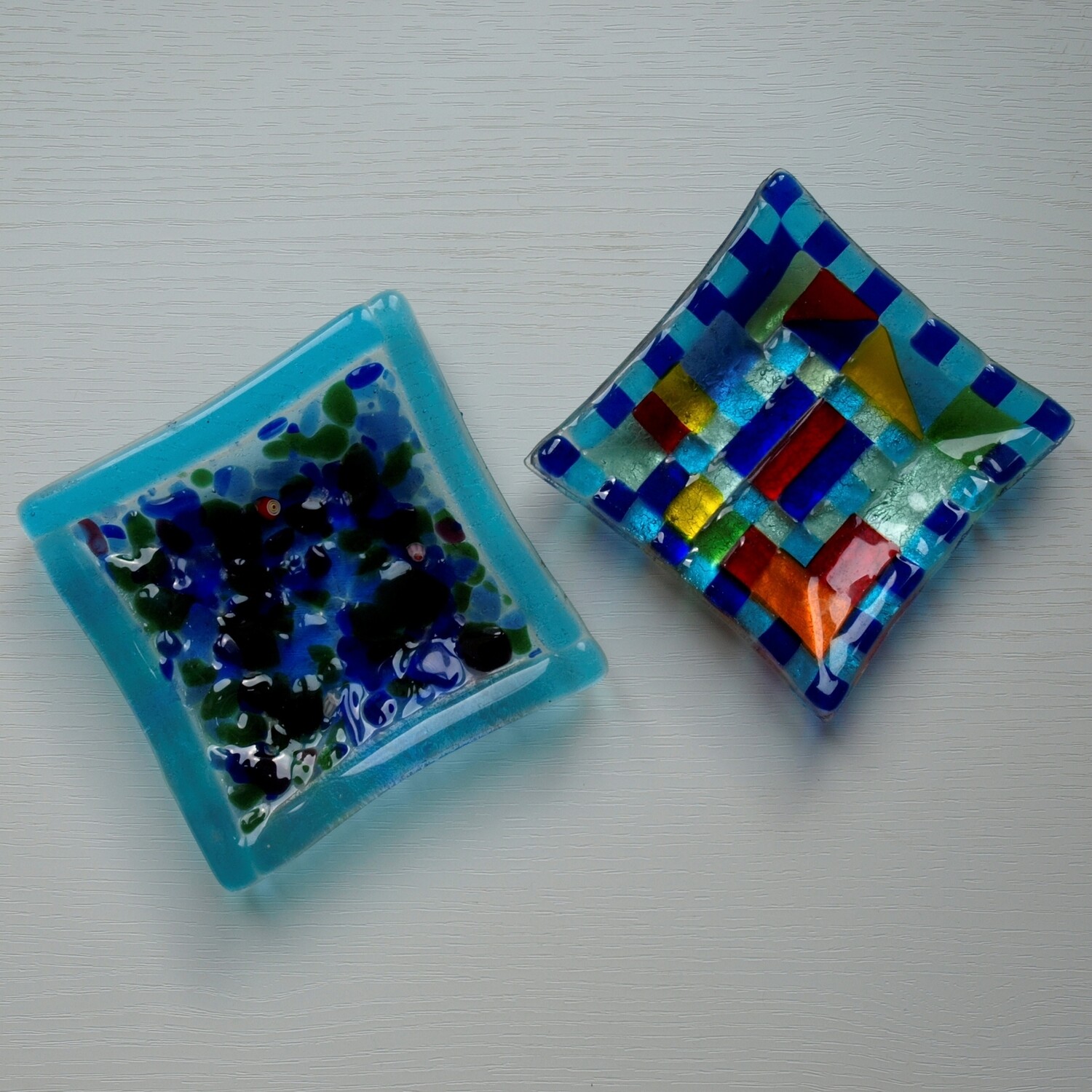 Two Vintage Retro Blue Fused Glass Square Dishes