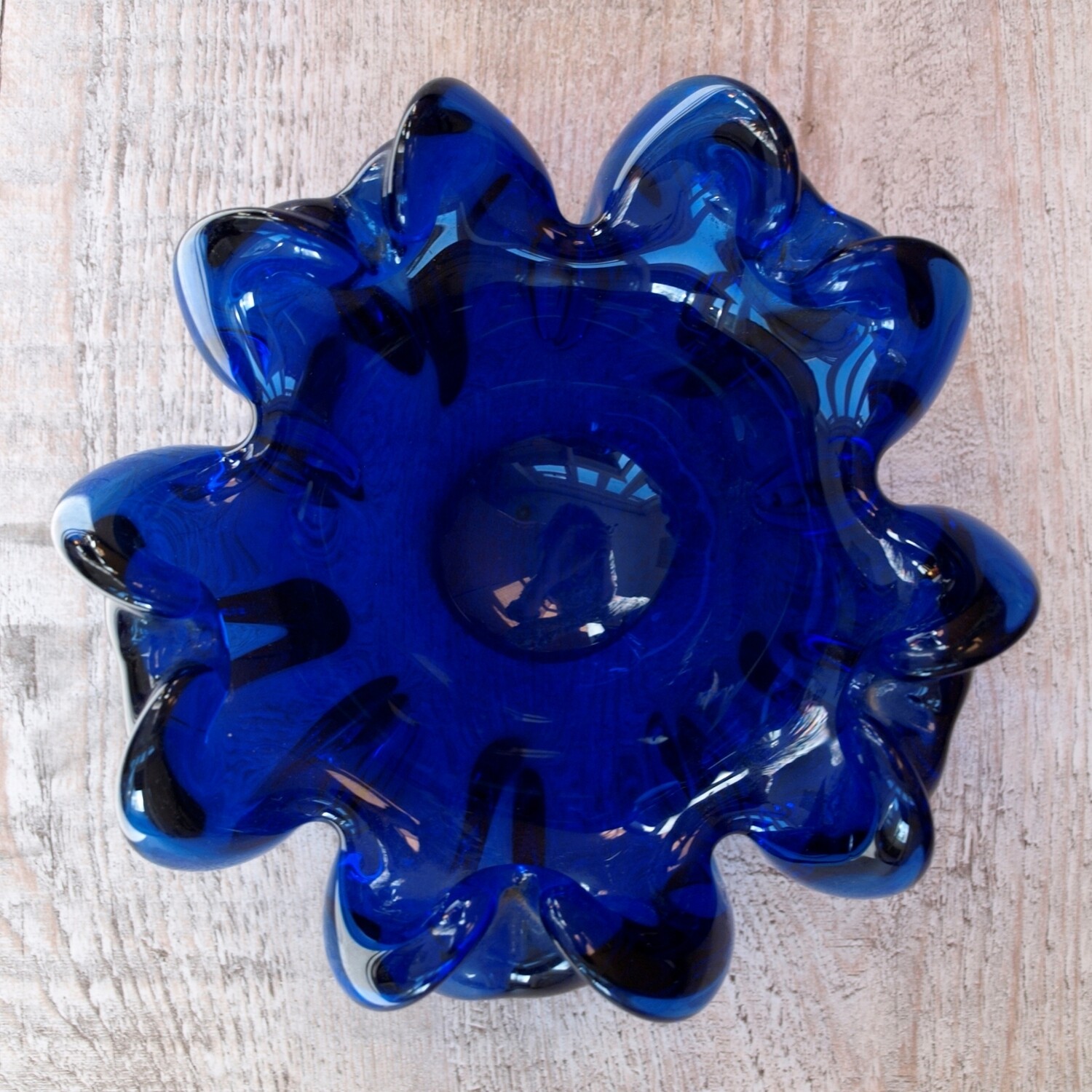 Vintage 50s Murano Heavy Royal Blue Hand Blown Glass Bowl
