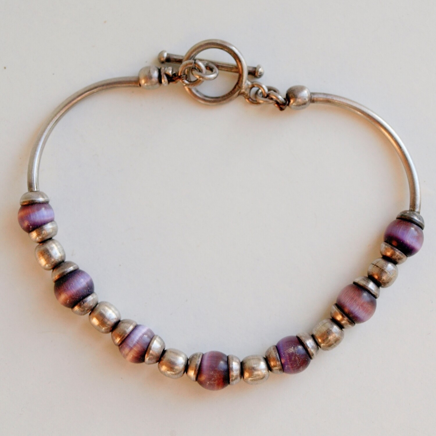 Large Ladies Solid Silver & Lilac Cats Eye Bead Bracelet