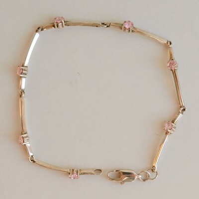 Ladies Pretty Solid Silver & Pink CZ Tennis Bracelet