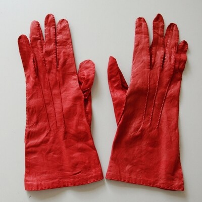 Ladies Handmade & Hand Stitched Red Leather Gloves - Vintage?