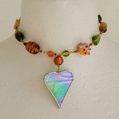 Colourful Hand Blown Murano Type Glass Heart Pendant Necklace + Solid Silver Clasp