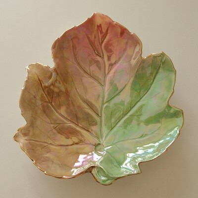 Vintage Royal Winton Pearlescent Pink & Green Pottery Leaf Serving Bowl