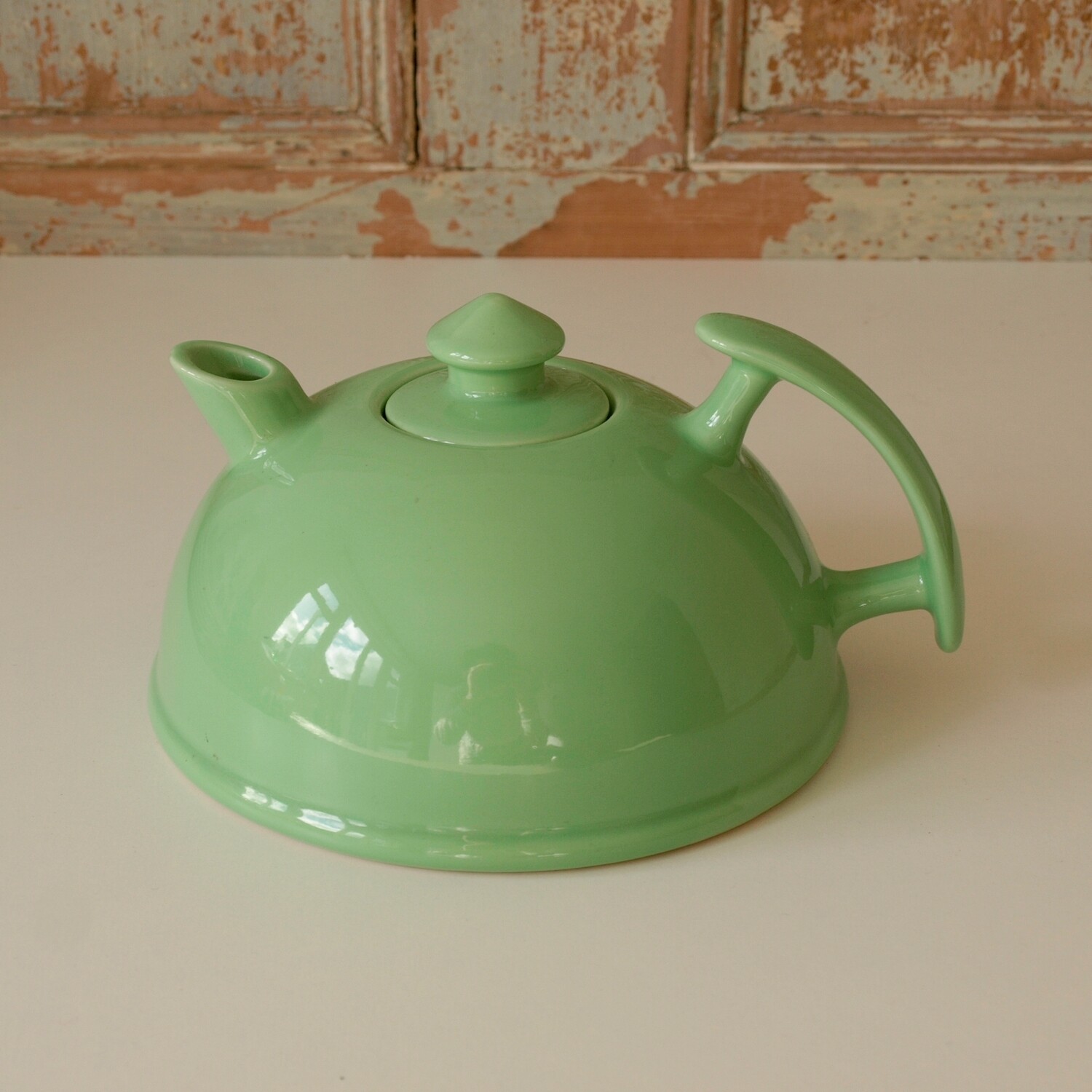Quirky Spring Green Ceramic Ship or Barge Flat Bottom Teapot