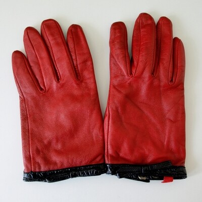 Ladies Soft Red Leather & Black Bow Gloves Size Medium