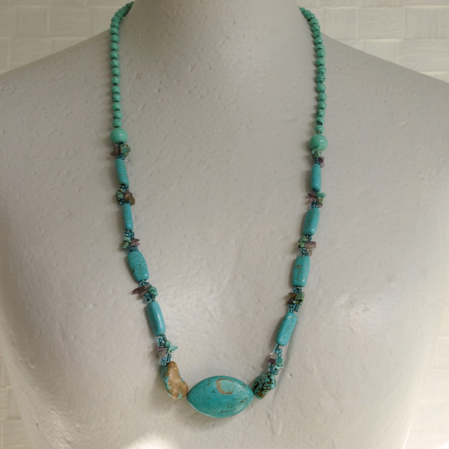 Ladies Long Turquoise & Amethyst Beaded Necklace