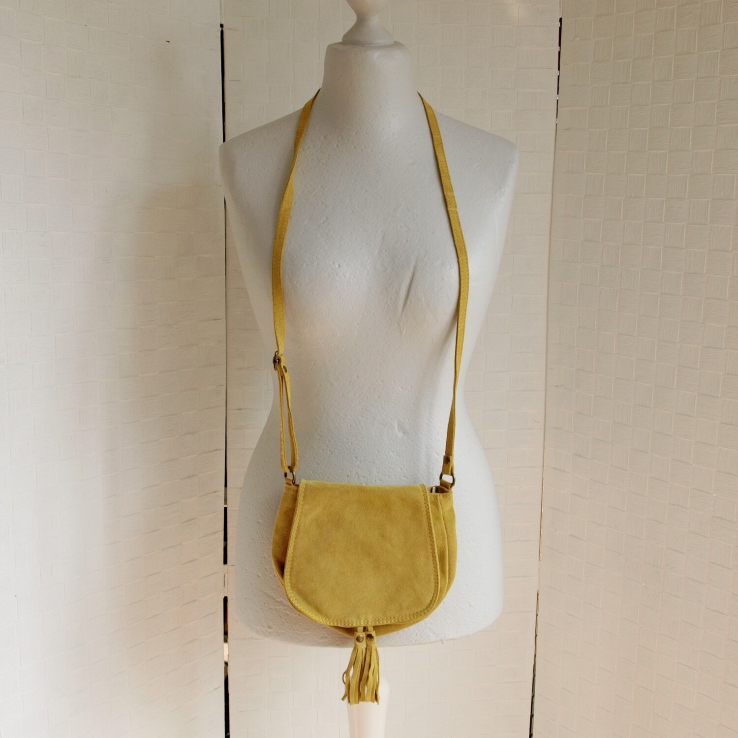 Ladies Yellow Suede Tassel Saddle Bag by Crazy Lou of Paris - Made in Italy
