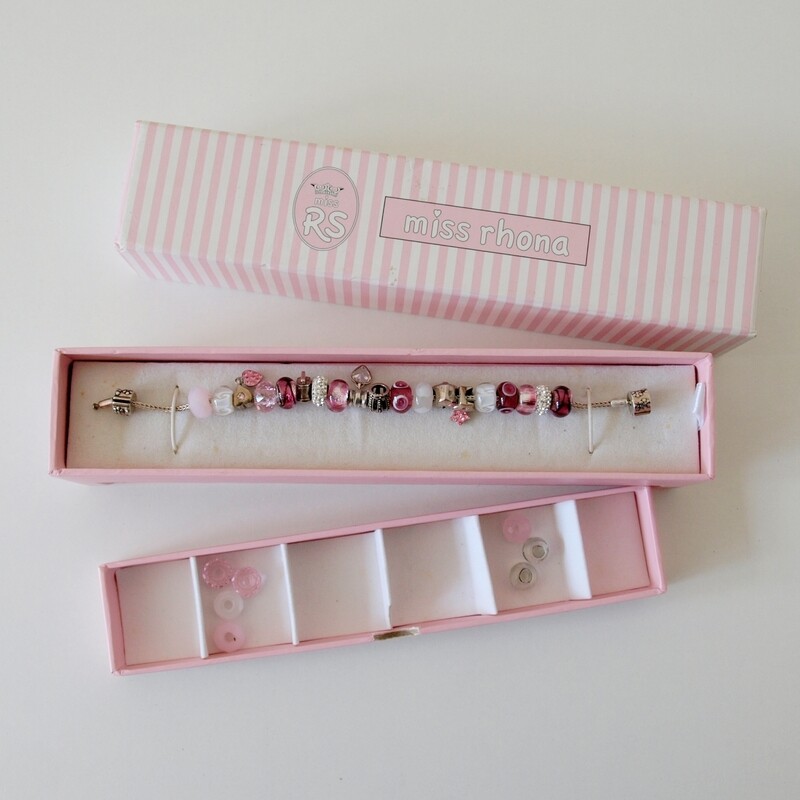Solid Silver Pink Hearts Charm Bracelet