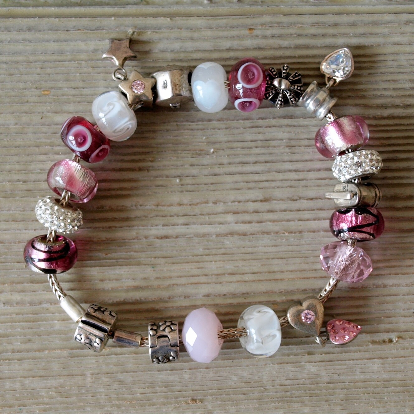 Ladies Solid Silver Pink Hearts Glass Bead Charm Bracelet by Miss Rona