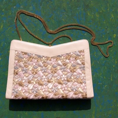 Ladies Vintage StyleCream Leather & Embroidery Snap Bag by Gina of London
