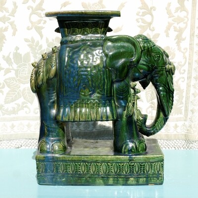 Very Large Rare & Superior Quality Antique Green Majolica Stoneware Elephant Plant Stand