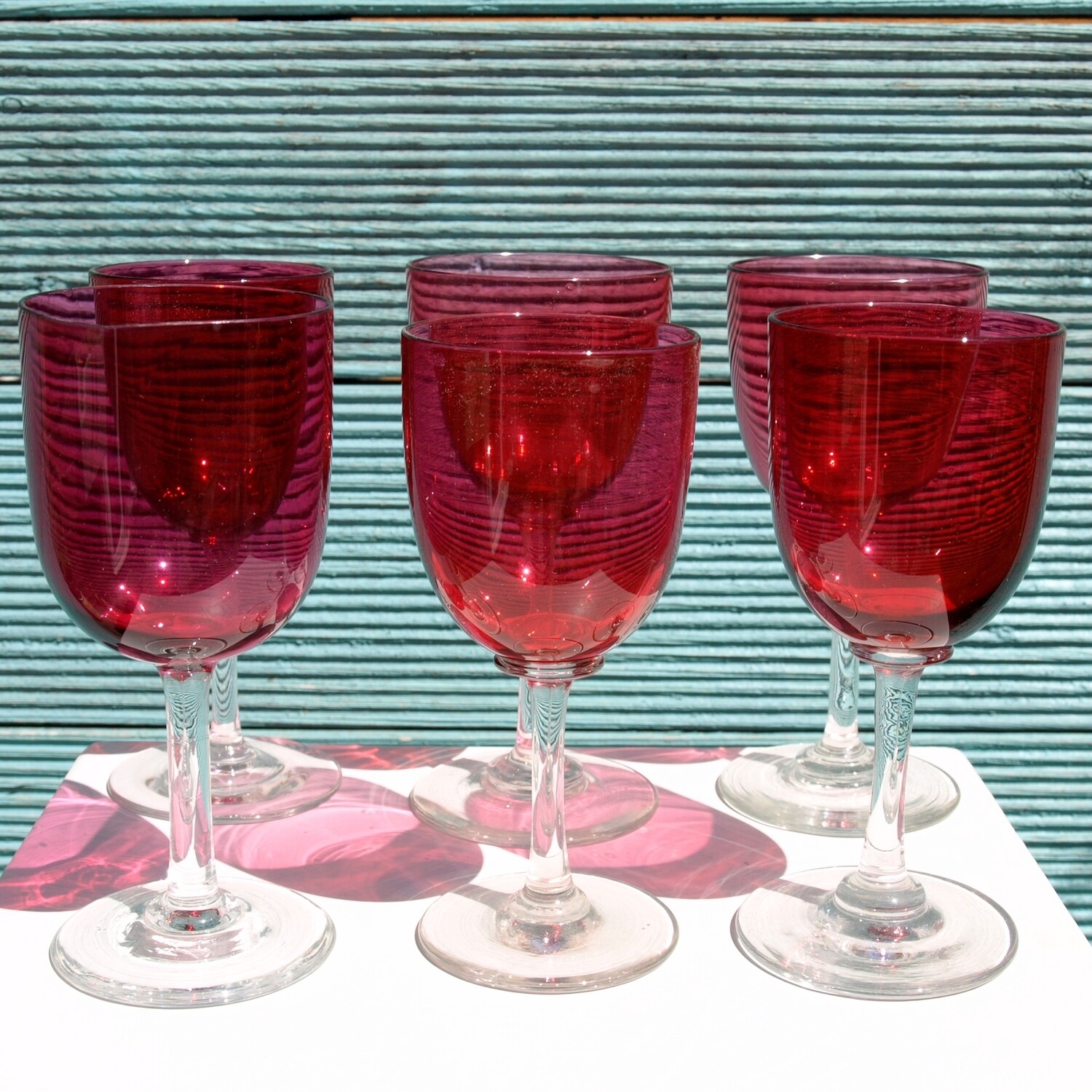 Vintage Set of Six Handmade Cranberry Red Wine Glasses