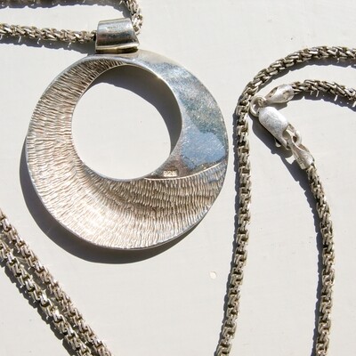 Large Vintage Solid Silver Hoop Pendant & Long Necklace