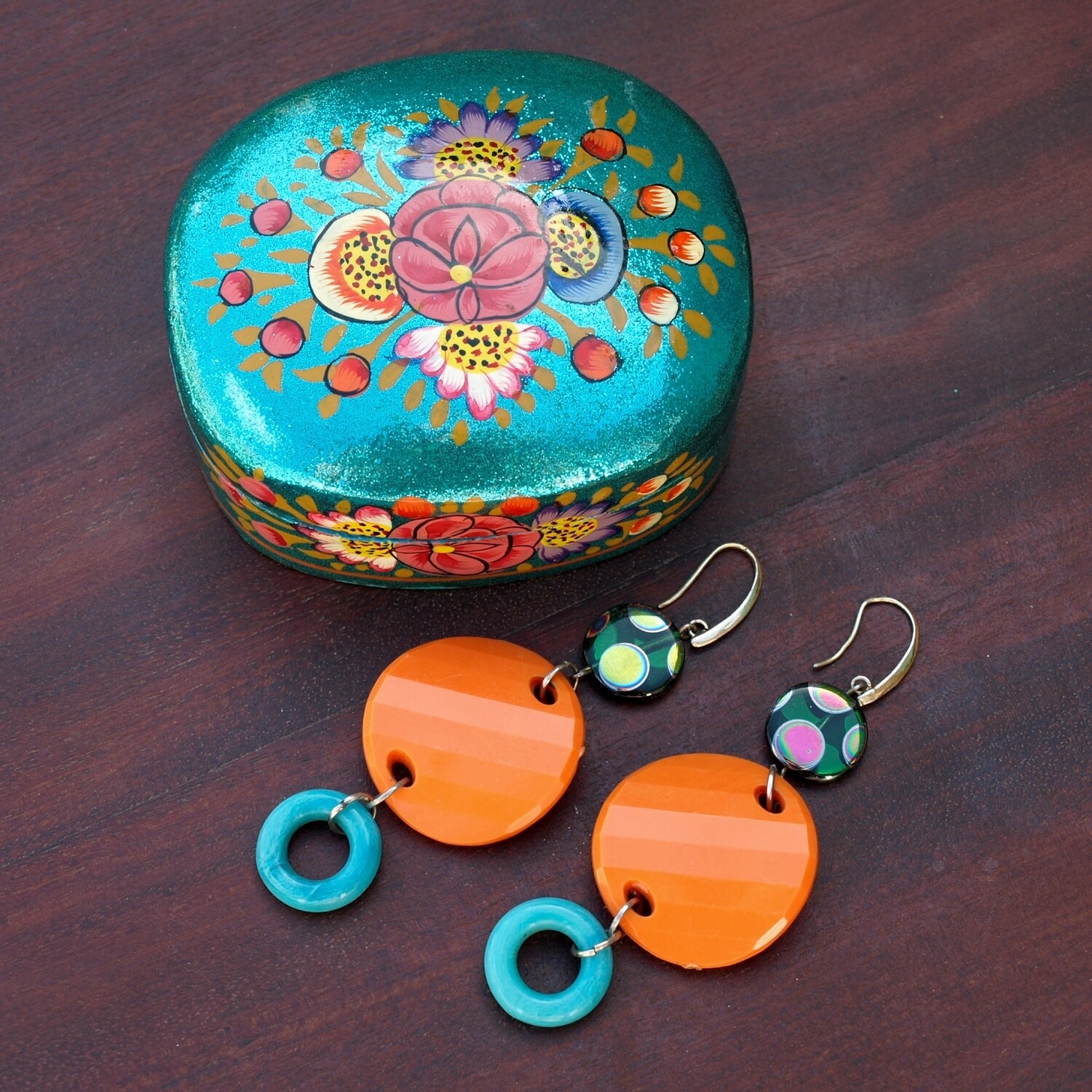 Vintage 80s Large Statement Dangly Orange & Turquoise Earrings