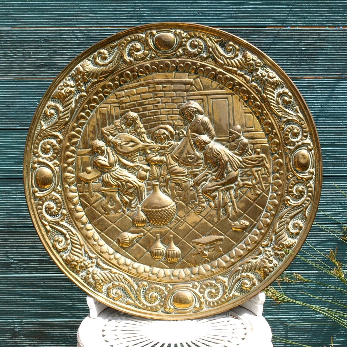 Extra Large Vintage Brass Repousse Tavern Wall Plaque