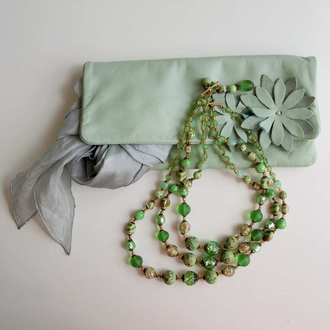 Vintage Green Foil Glass Triple Necklace + Leather Wallet + Silk Scarf