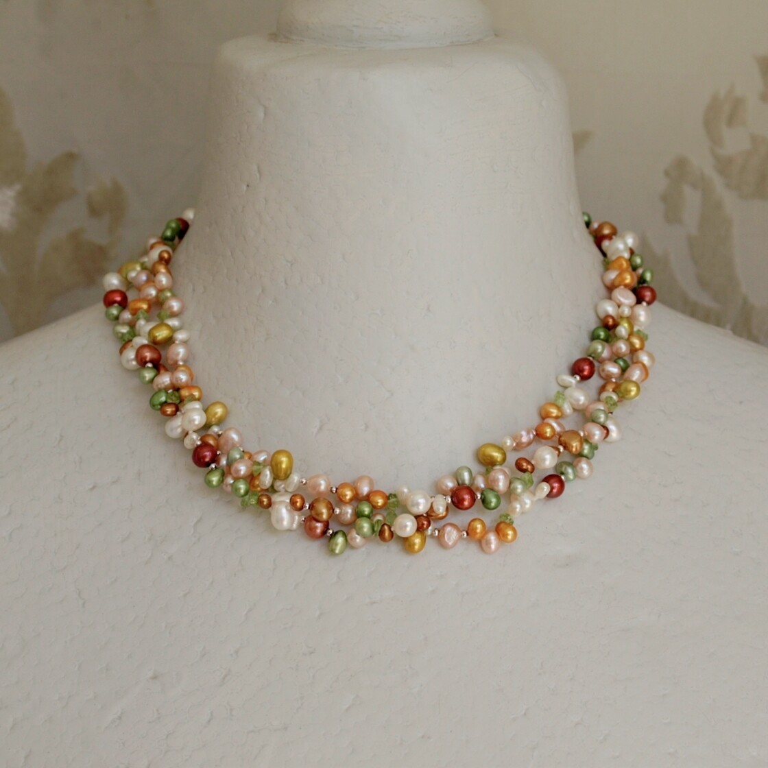 Triple Strand Multicoloured Pearl & Peridot  Necklace