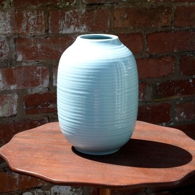 Large Blue Ribbed Pottery Vase
