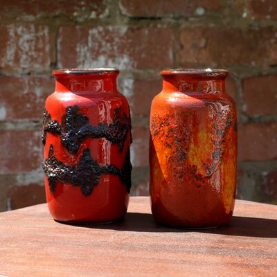 Vintage Pair of Red West German 231-15 Fat Lava Scheurich Vases