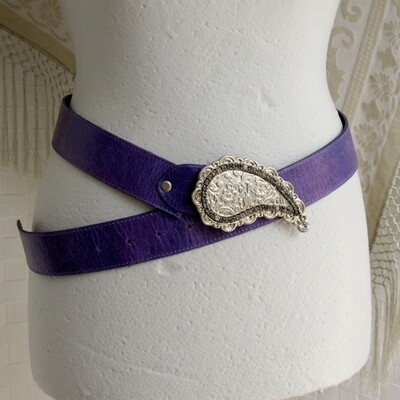 Ladies Italian Purple Leather Belt + Large Rhinestone Buckle