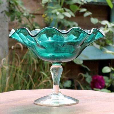 Vintage Hand Blown Green Glass Ruffled Compote Dish