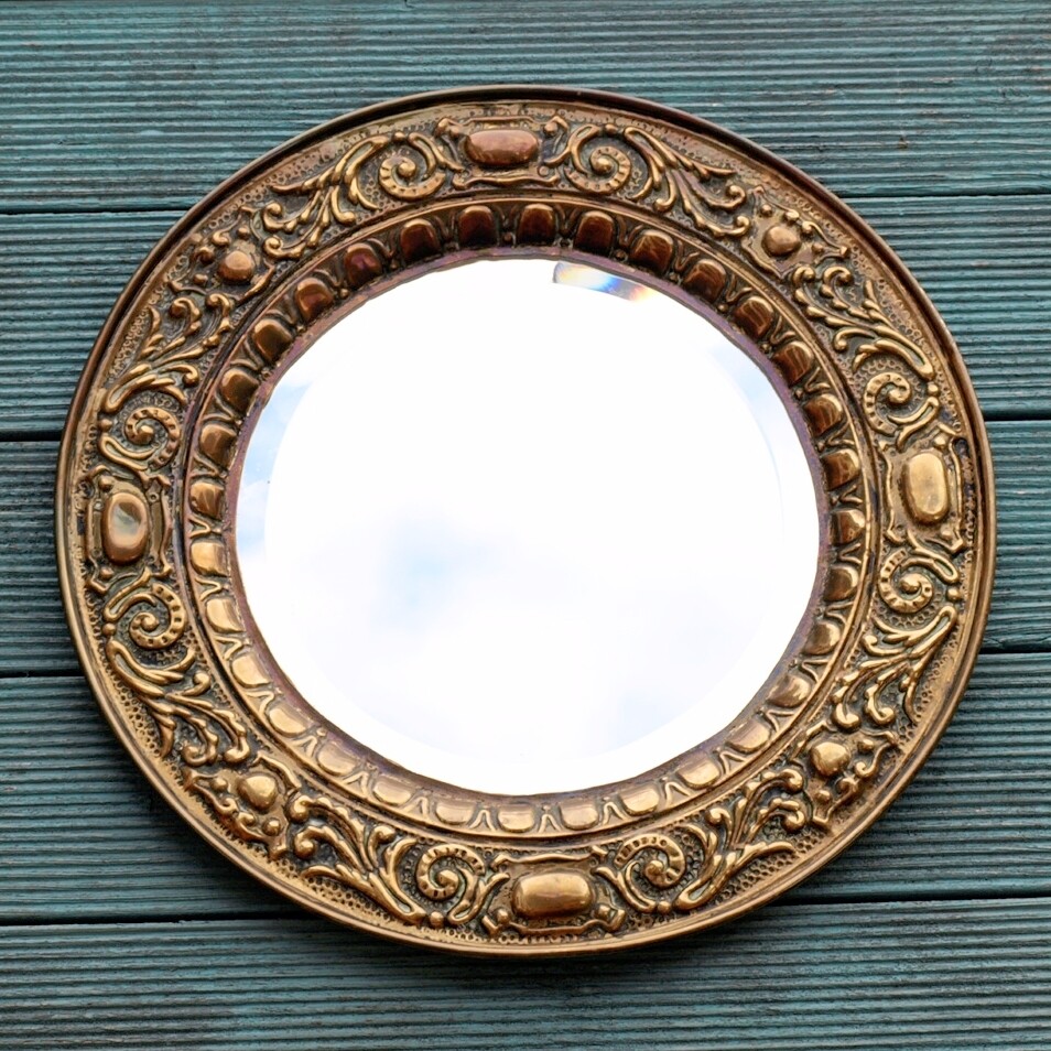 Vintage Brass Repousse Round Beveled Mirror