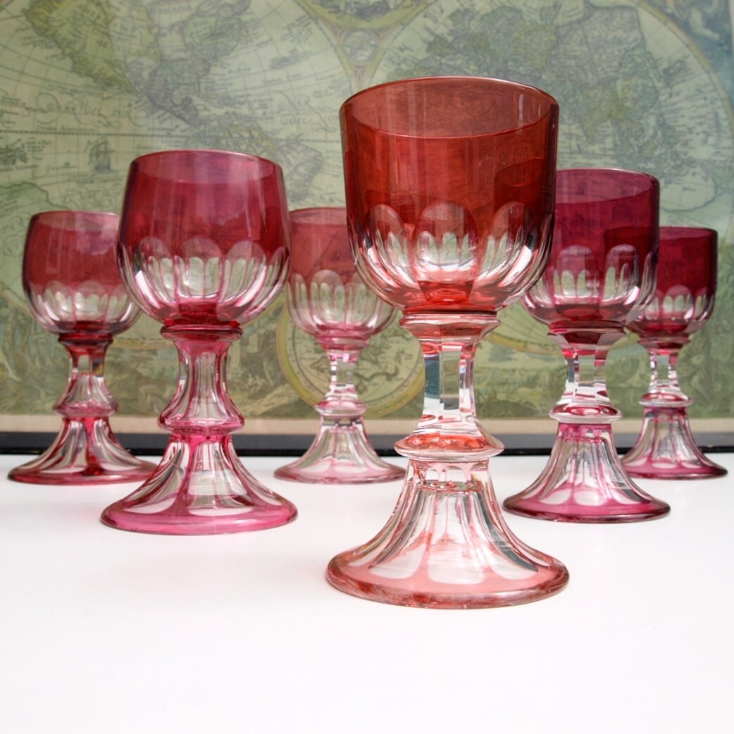 Vintage Set of Six Hand Blown Cranberry  Goblet Glasses