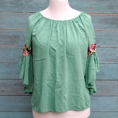 Ladies Italian Green Viscose Embroidered Bell Sleeve Summer Blouse 12