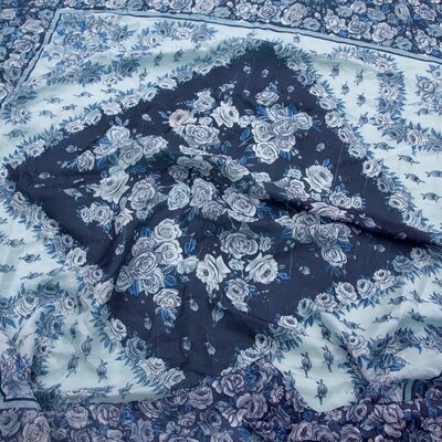 Ladies 100cm Square Blue Floral Fine Floaty Silk Scalf
