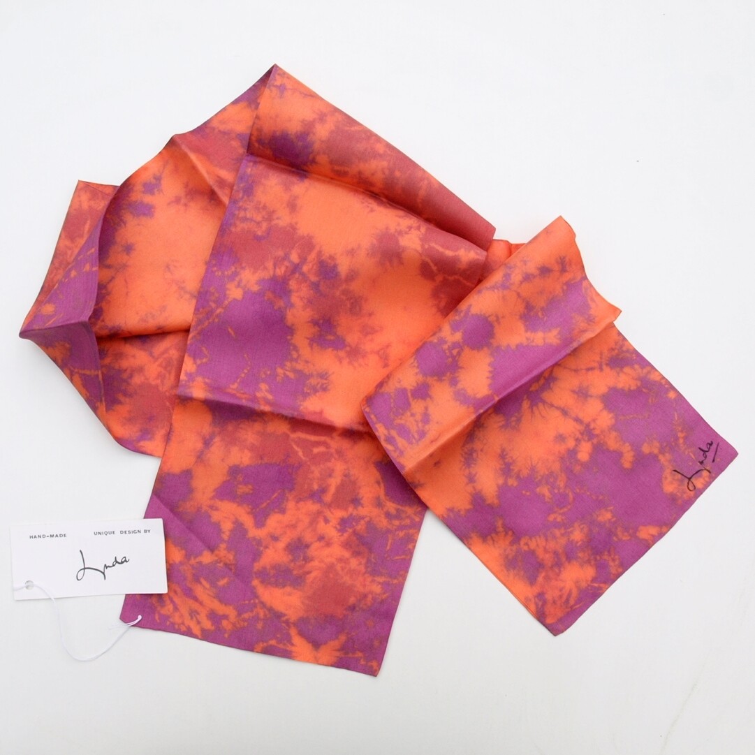Lynda Unique Handmade Rectangular Orange & Purple Silk Scarf 116x15cm