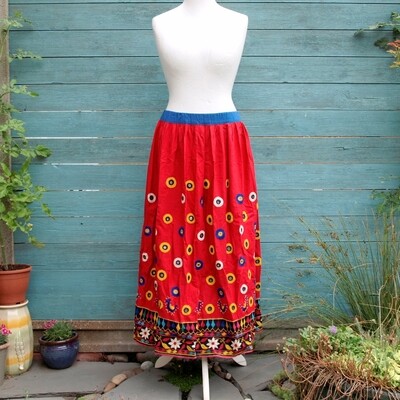 Ladies Vintage Red & Blue Cotton Hippy Ethnic Embroidered Skirt