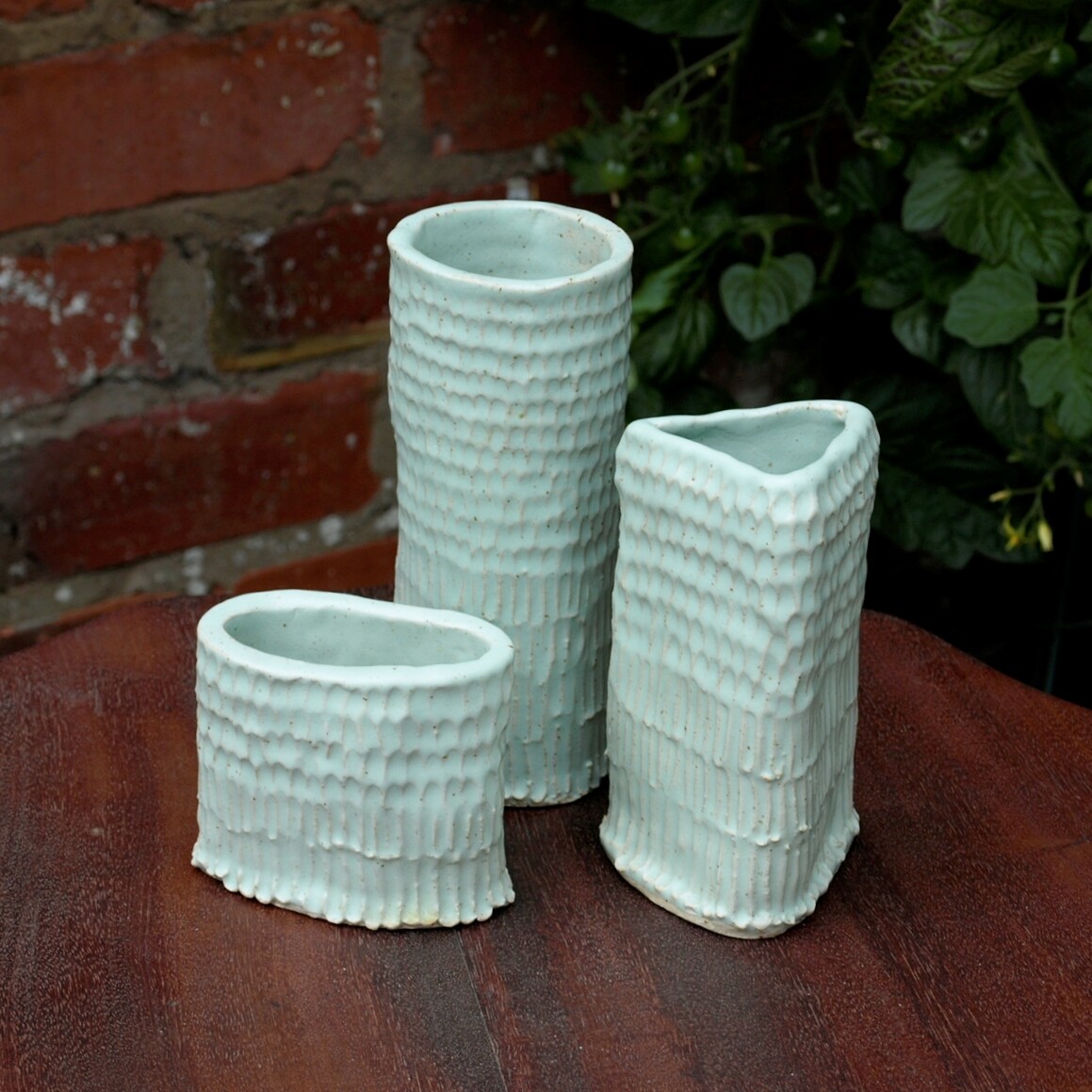 Three Studio Pottery Green Stoneware Brutalist Vases by B.J.