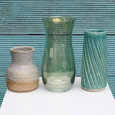 Three Vintage Green Glass & Studio Pottery Stoneware Vases